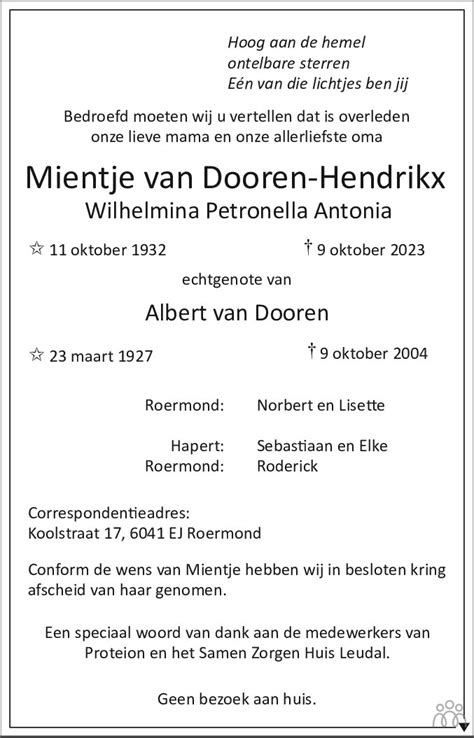 Wilhelmina Petronella Antonia Mientje Van Dooren Hendrikx 09 10 2023