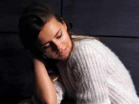 Model Cute Female Brunette At The Techno Geometry Wall Background Stock Photo Image Of