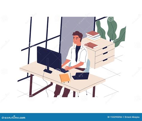 Smiling Man Sitting At Desk And Working On Computer In Modern Office