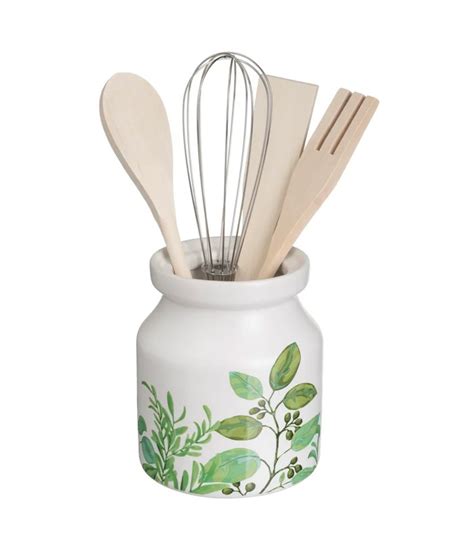 Pot ustensiles de cuisine en céramique blanche motif feuillage