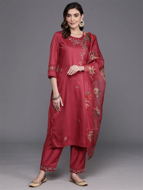 Viscose Rayon Indo Era Maroon Embroidered Straight Kurta Trousers With