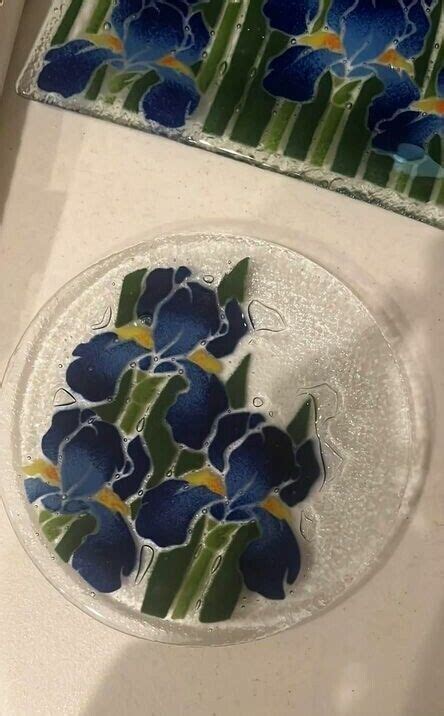 Peggy Karr Fused Art Glass Blue Iris Flower Square And Circle Plates W