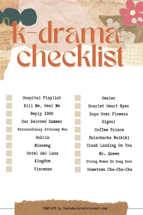 The K Drama Checklist Is Shown In Red And White With Flowers On It