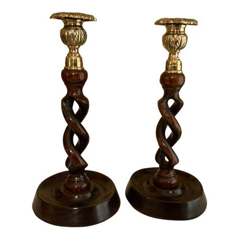 English Victorian Oak Brass Open Barley Twist Candlesticks Pair