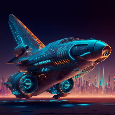 Premium Photo Illuminated Flying Futuristic Aircraft Science Fiction