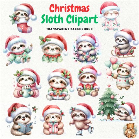 Christmas Sloth Clipart, Christmas Sloth PNG, Watercolor Sloth Clipart ...