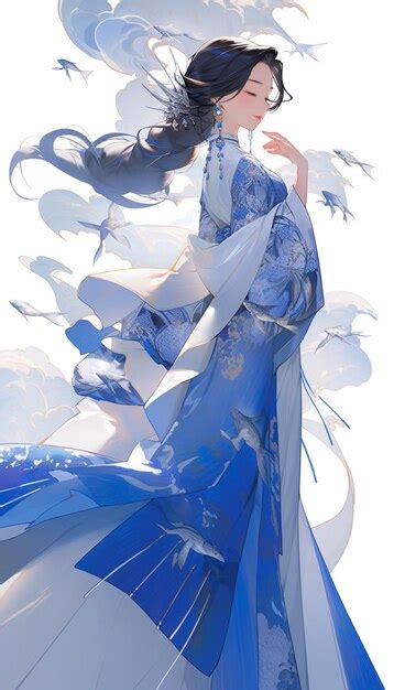 Premium Ai Image Anime Woman In Blue Dress With White And Blue