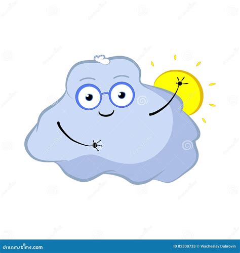 Funny Cloud Character With Sun Cartoon Illustration For Weather