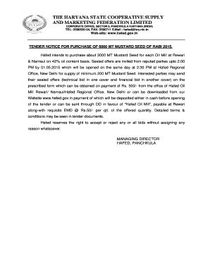 Fillable Online Hafed Gov Tender Notice For Purchase Of 6000 Mt Mustard