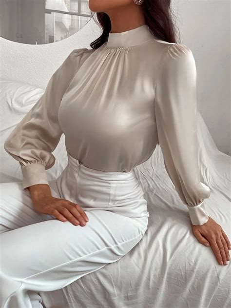 Satin Mock Neck Puff Sleeve Blouse Satin Blouse Outfit Puff Sleeve