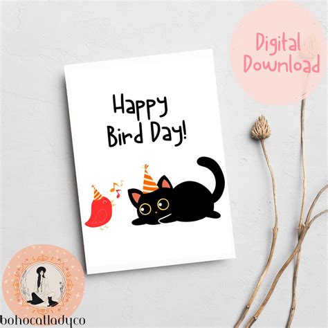 Cute Black Cat Birthday Card Cat Bird Day Card Happy Birthday Greeting Card Printable Card