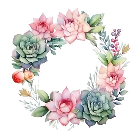 Watercolor Cactus And Succulent Bouquet Arrangement On Dry Twig Wreath