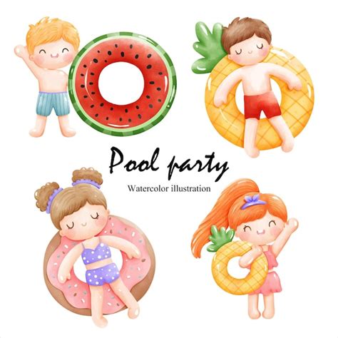 Fiesta en la piscina de acuarela con niños lindos ilustración vectorial