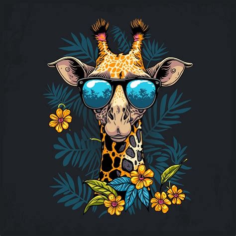 Premium Vector Funky Giraffe Wearing Sunglasses With Floral And Leaf