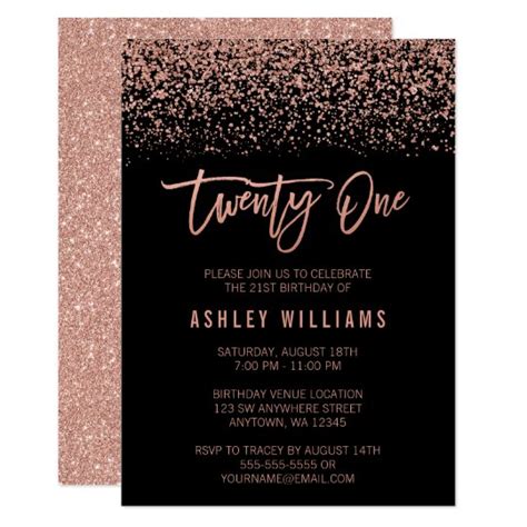 Modern Rose Gold Black Faux Glitter 21st Birthday Invitation Zazzle