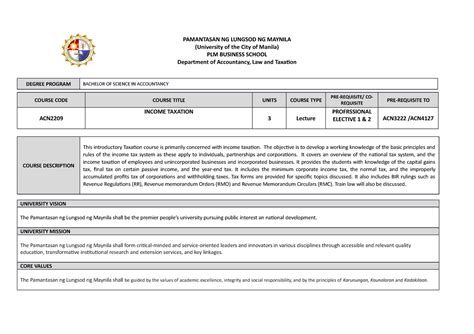 OBE Syllabus Income Taxation CHAPTER 1 9 PAMANTASAN NG LUNGSOD NG