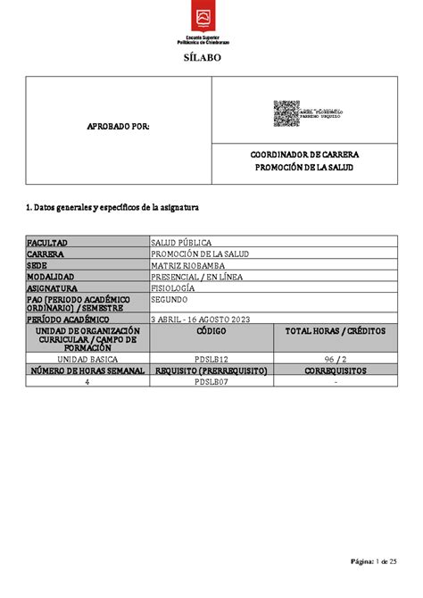 1 Sílabo Fisiología 2023 Página 1 De 25 Datos Generales Y