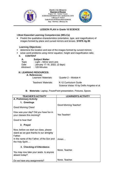 January 9 2023 Science 10 Lesson Plan Lesson Plan In Grade 10 Science I Essential Learning