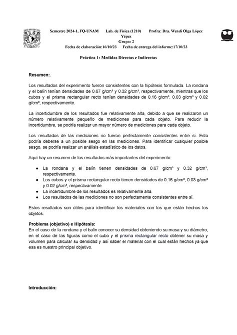 Informe 1 Medidas Directas E Indirectas Semestre 2024 1 FQ UNAM