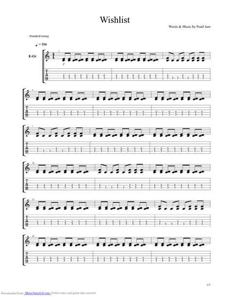 Wishlist guitar pro tab by Pearl Jam @ musicnoteslib.com