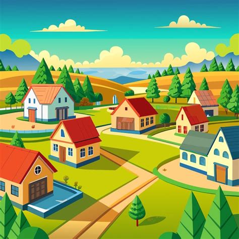 Premium Vector Panoramic View Of Suburban Village Vector Illustration