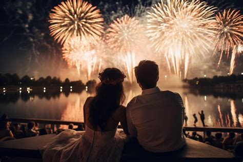 Detr S De La Nueva Pareja De Bodas Mirando El Cielo Con Fuegos