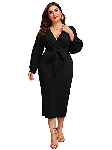 Verdusa Womens Plus Size V Neck Lantern Sleeve Midi Belted Bodycon Dress