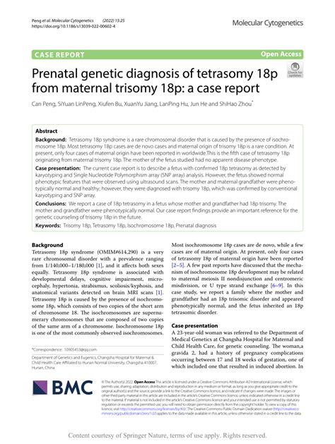 Pdf Prenatal Genetic Diagnosis Of Tetrasomy 18p From Maternal Trisomy 18p A Case Report