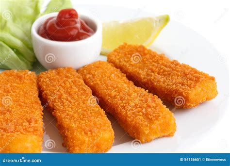 Golden Fried Fish Fingers With Lemon And Tomato Sauce Stock Image