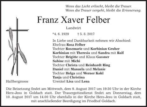 Traueranzeigen Von Franz Xaver Felber Trauer Merkur De