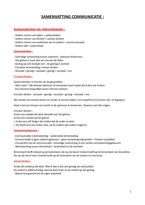 Samenvatting Communicatie SAMENVATTING COMMUNICATIE Systeemdenken