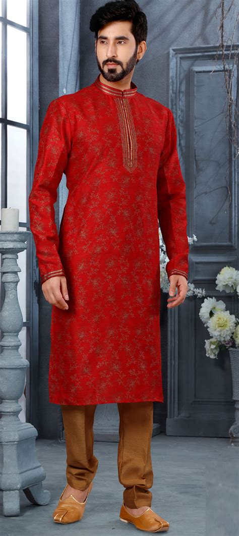 Red And Maroon Color Art Silk Fabric Kurta Pyjamas