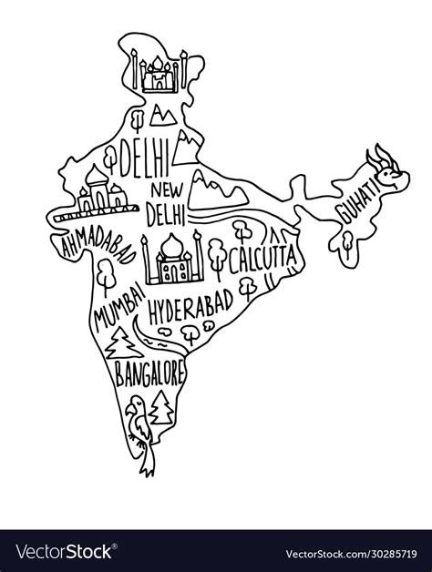 Hand Drawn Doodle India Map India City Names Vector Image