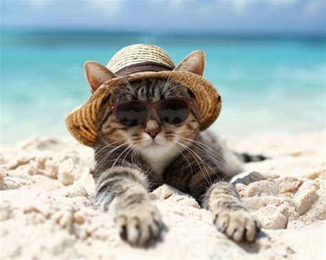 Cat With Straw Hat And Sunglasses On Beach Background Summer Holiday