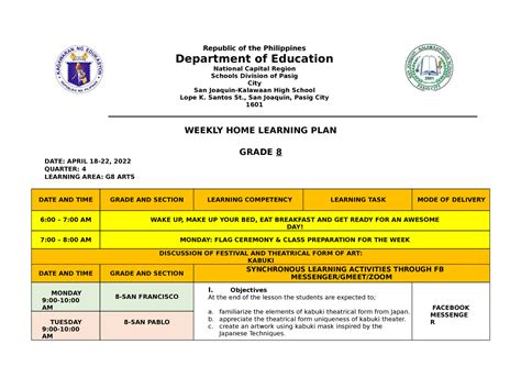 Cot 1 Arts Lesson Plan Republic Of The Philippines Department Of