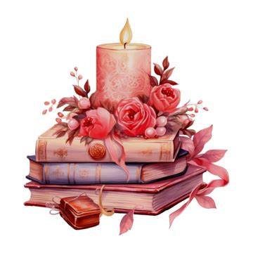 Romantic Pink Books And Candles Christmas Watercolor Illustration