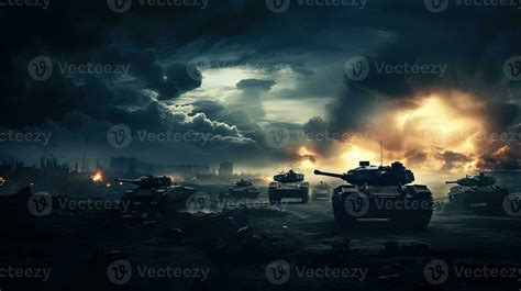 Military silhouettes battle below cloudy sky tanks and armored vehicles ...