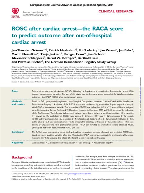 Pdf Rosc After Cardiac Arrest The Raca Score To Predict Outcome