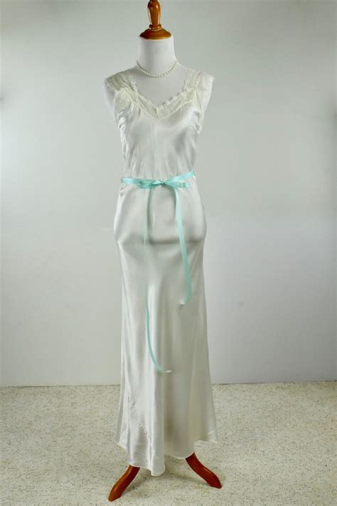 1940s Rayon White Satin Bias Cut Nightgown By Albert… Gem