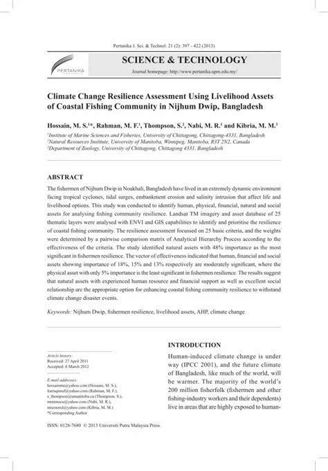 Pdf Climate Change Resilience Assessment Using Livelihood Assets Of