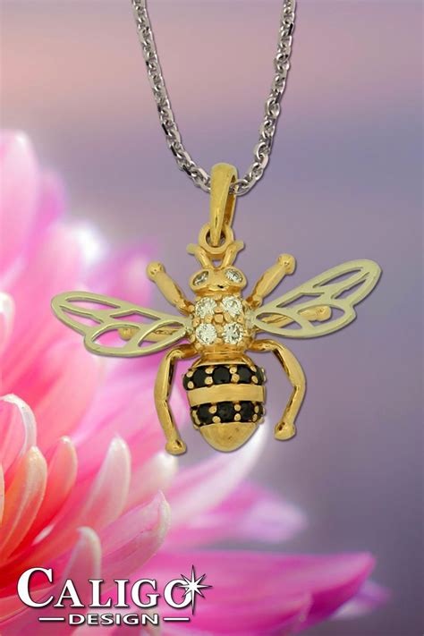 Bee Pendant Necklace 14k Gold With Black And White Diamonds Bee Jewelry Bee Pendant Bee