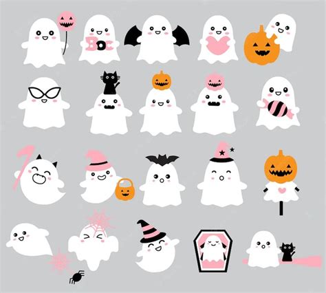 A Collection Of Halloween Ghost Cliparts On A Gray Background With Pink