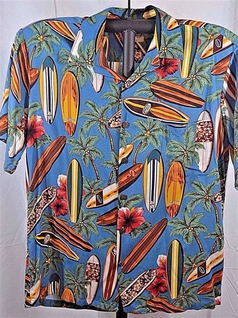 Hilo Hattie The Hawaiian Original Shirt L Blue Surfboards Coconut Shell