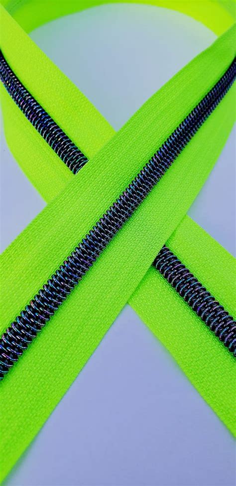 Neon Green Nylon Zippers Tape With Iridescent Black Teeth Size 5