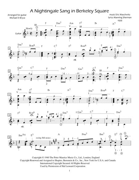 A Nightingale Sang In Berkeley Square Arr Michael D Bryce Sheet