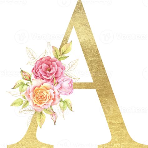 Gold Alphabet And Rose Flower Watercolor Wedding Letter 22613223 Png