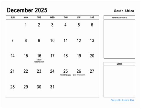 December 2025 Planner with South Africa Holidays
