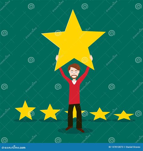 Man Holding Gold Star Above Head Flat Design Rating Symbol Stock