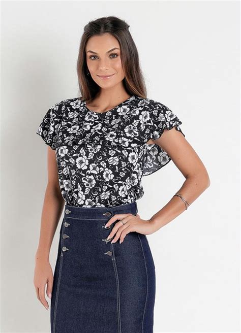 Blusa Floral Preta Babado Moda Evang Lica Queima De Estoque