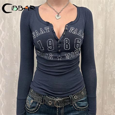 Cibbar Top Feminino Com Estampa Com Letras Bot O Grunge Retr Gola V